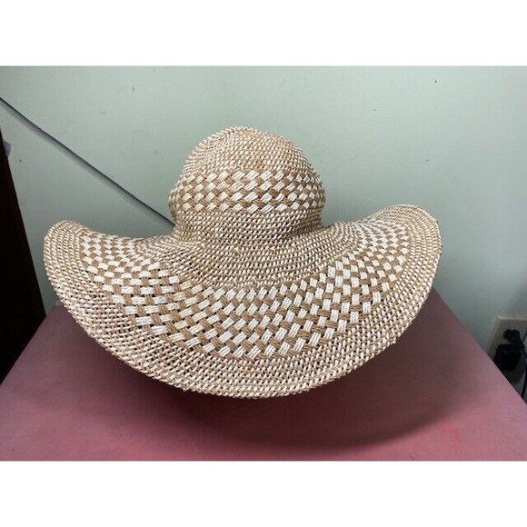 Aerie Womens OSFM Distressed 17" Wide Brim Beige & Ivory Straw Summer Hat Beach - Picture 1 of 10